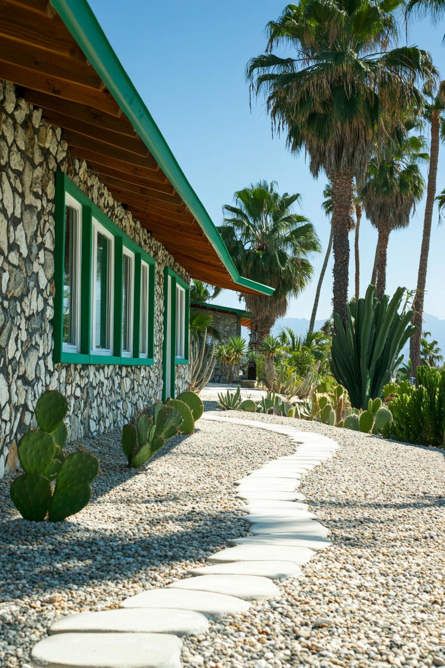 Cacti and palm trees line a stone pathway outside a mid-century house