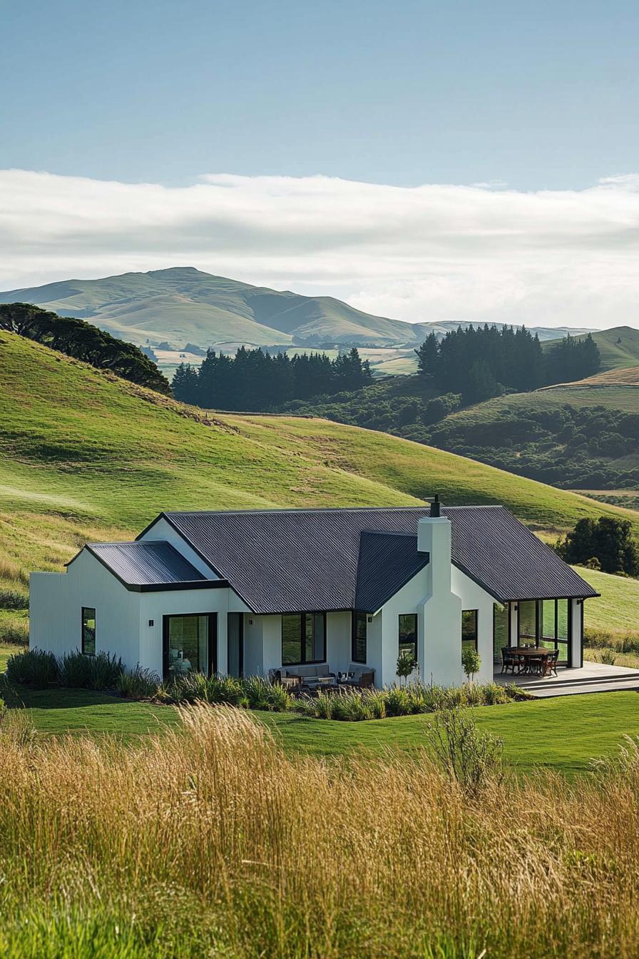 Modern farmhouse nestled in rolling hills with a scenic backdrop