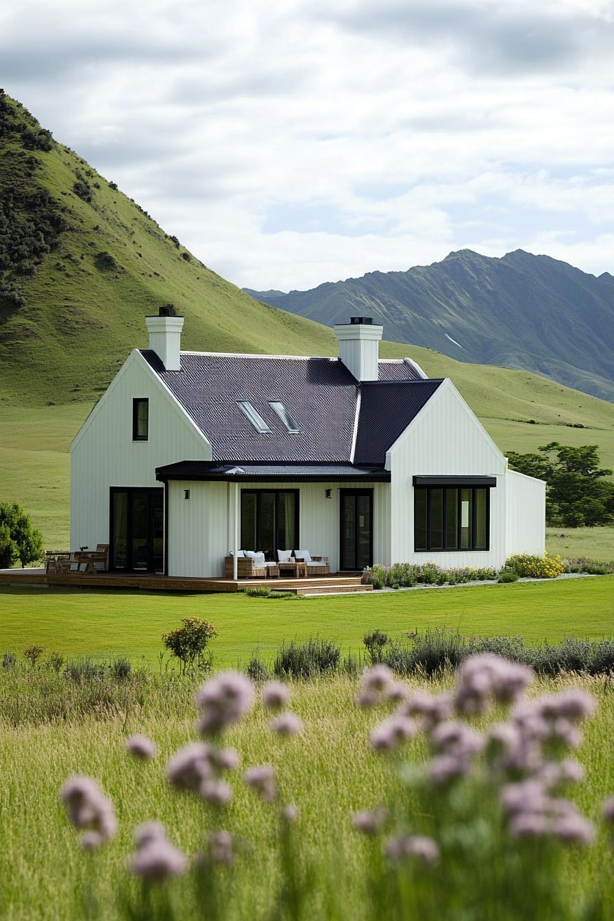 White farmhouse nestled in a lush, green landscape beneath rolling hills