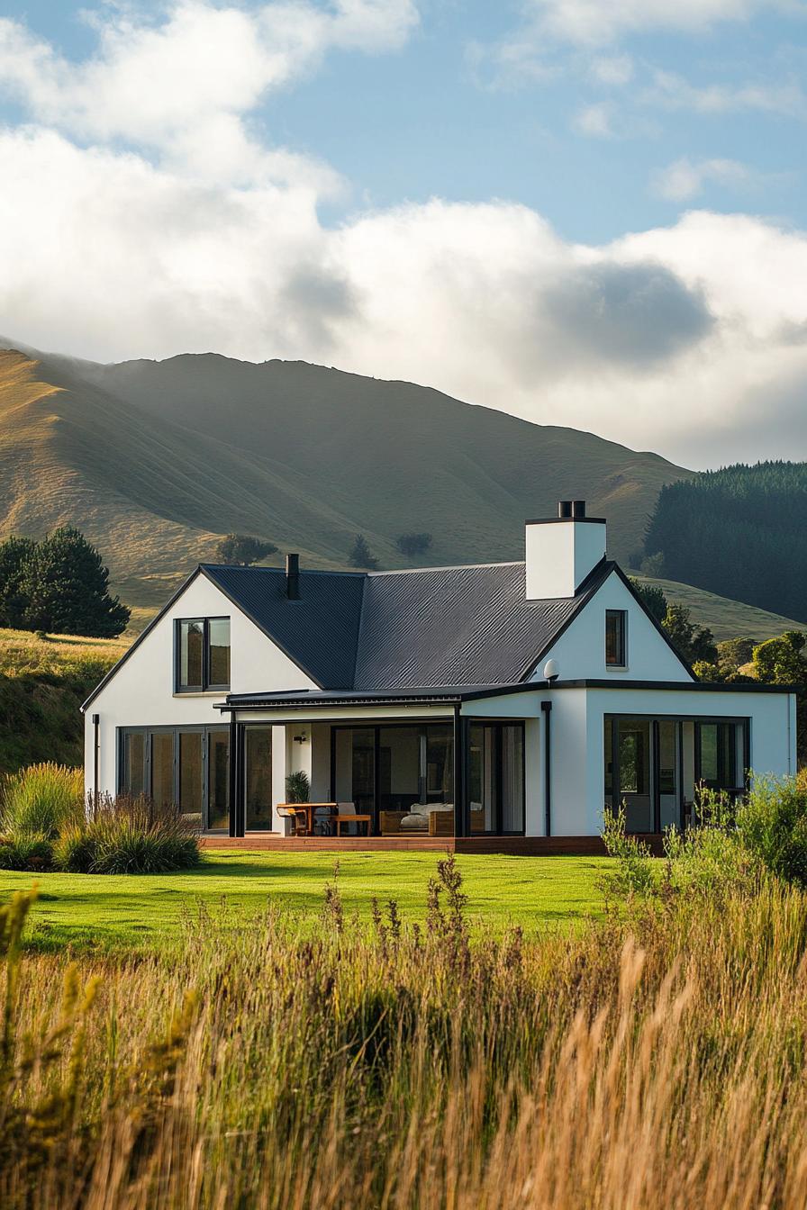 Modern farmhouse with mountains in the background