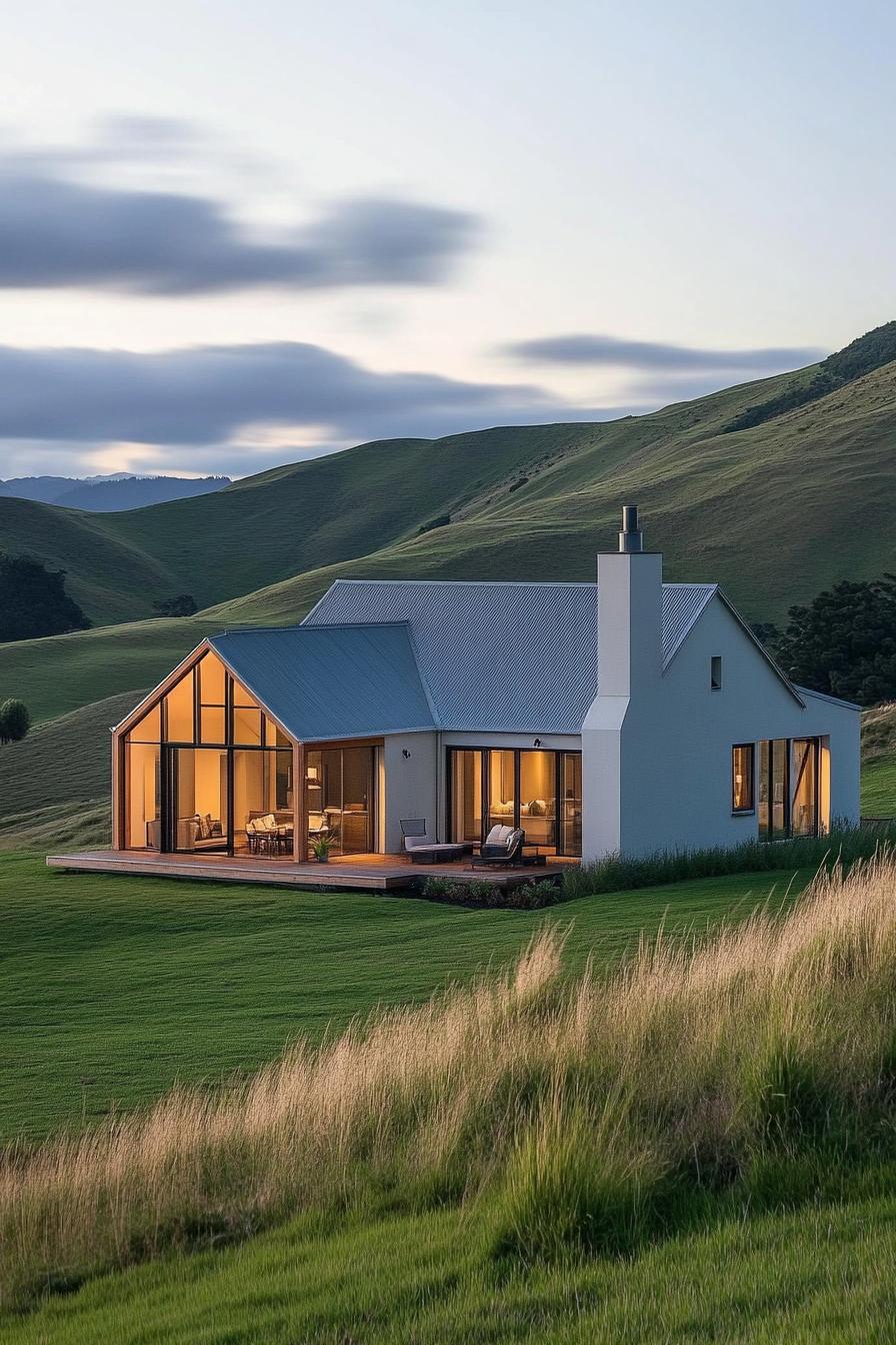 Modern farmhouse with panoramic windows and lush landscape