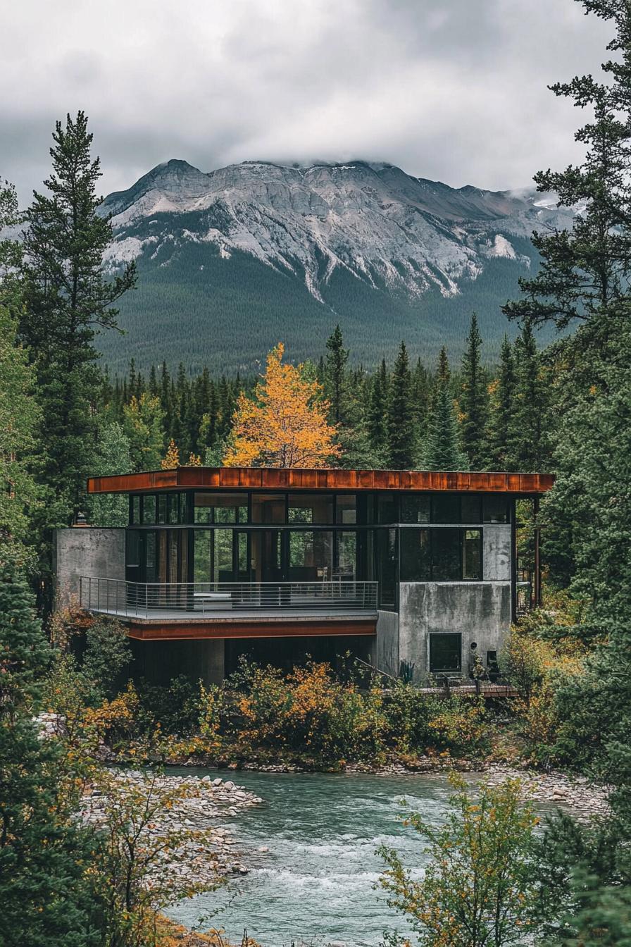 Modern flat roof house in a forested mountain area with a stream in front