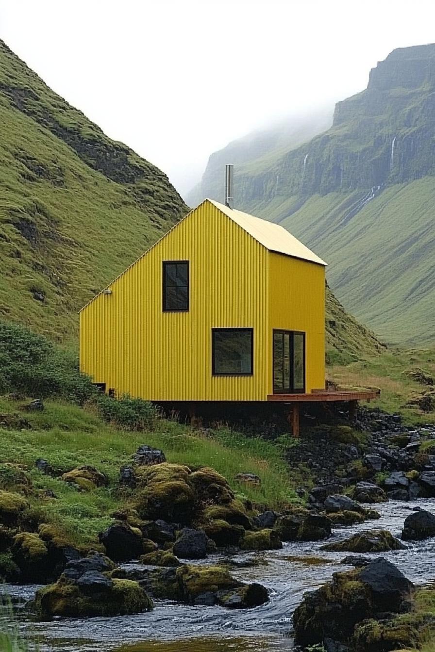 Bright yellow metal building by a flowing creek