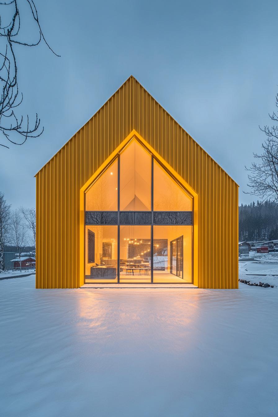 Bright yellow metal house with large glass front in snowy landscape