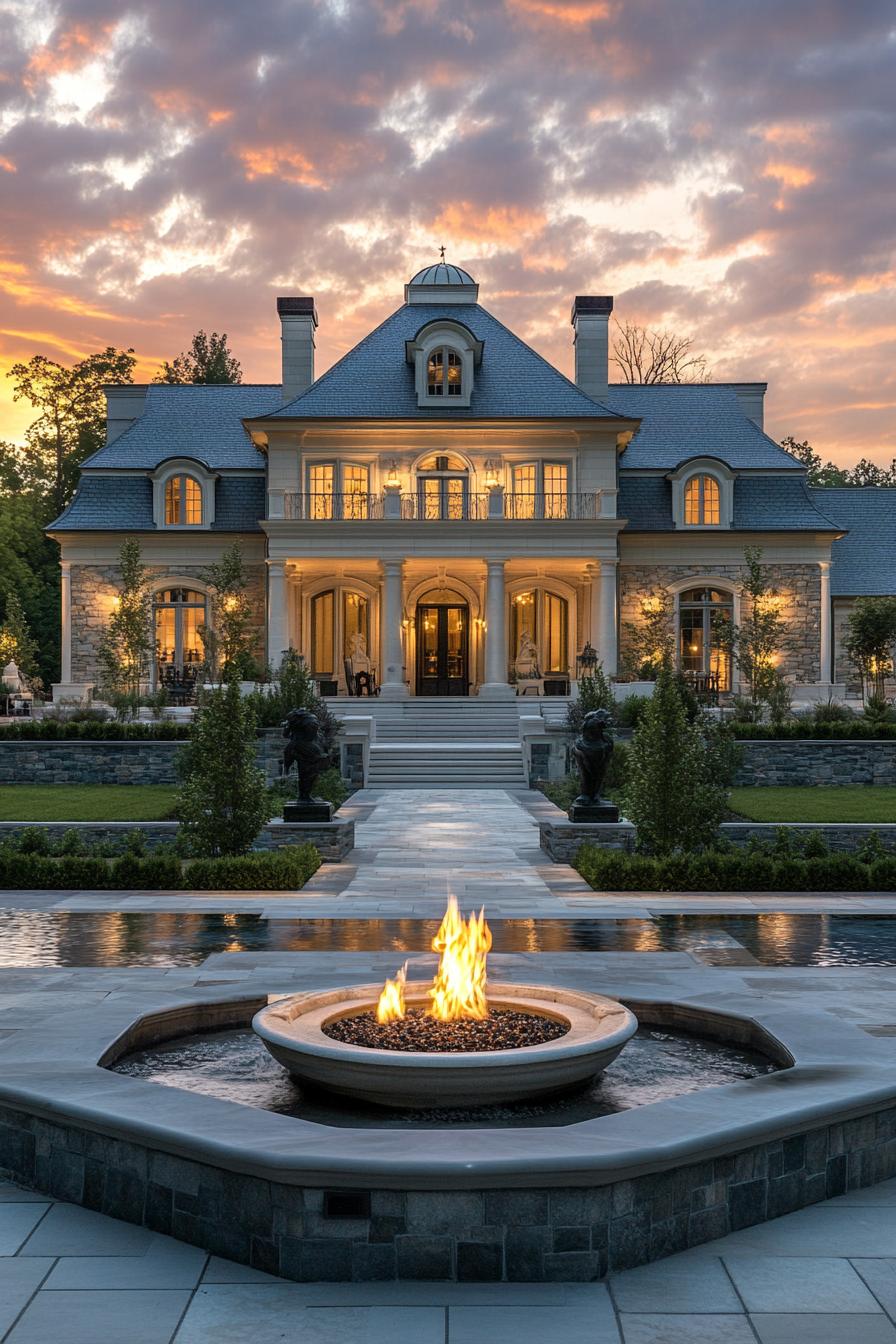 Grand home with fire-lit entrance at sunset