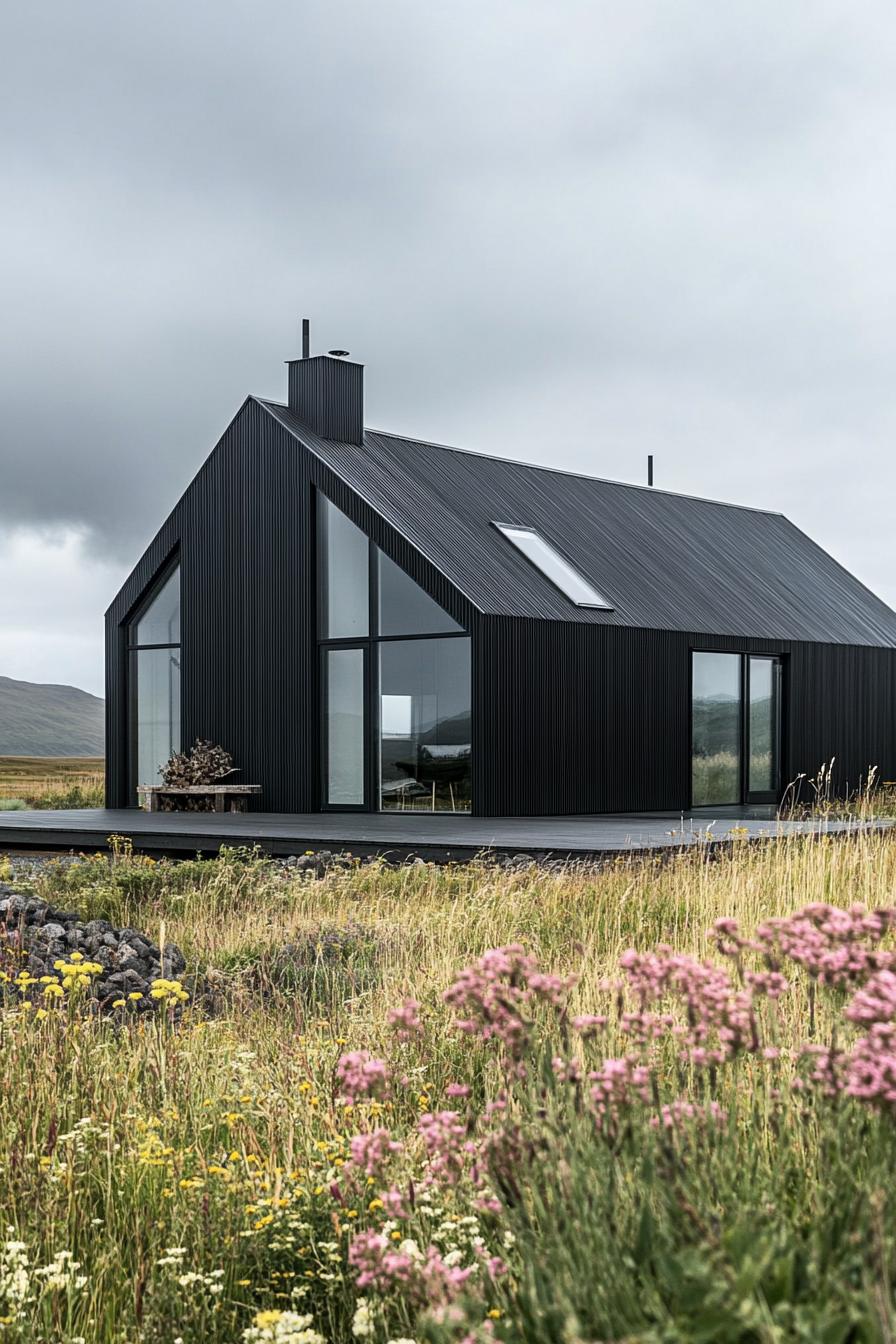 Dark modern barndominium with large windows in a wildflower field