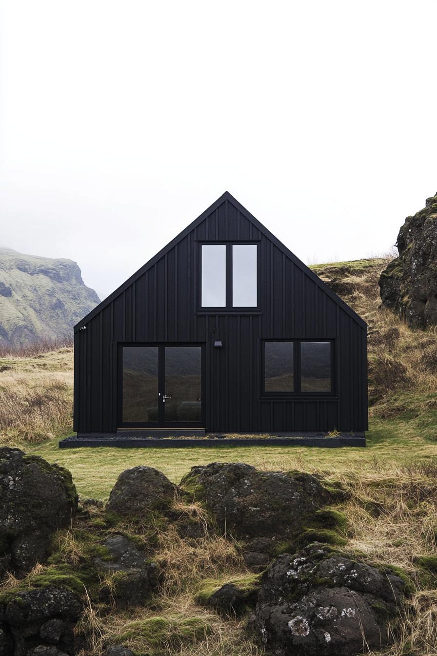 Black cabin with large windows surrounded by rocky terrain