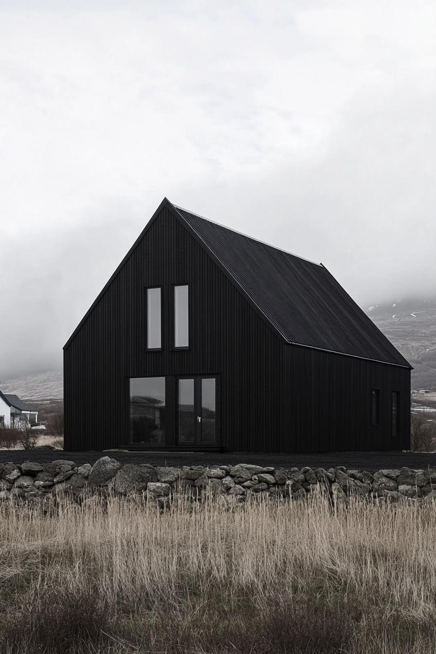 Dark-colored barn-style house with large windows set against a cloudy landscape