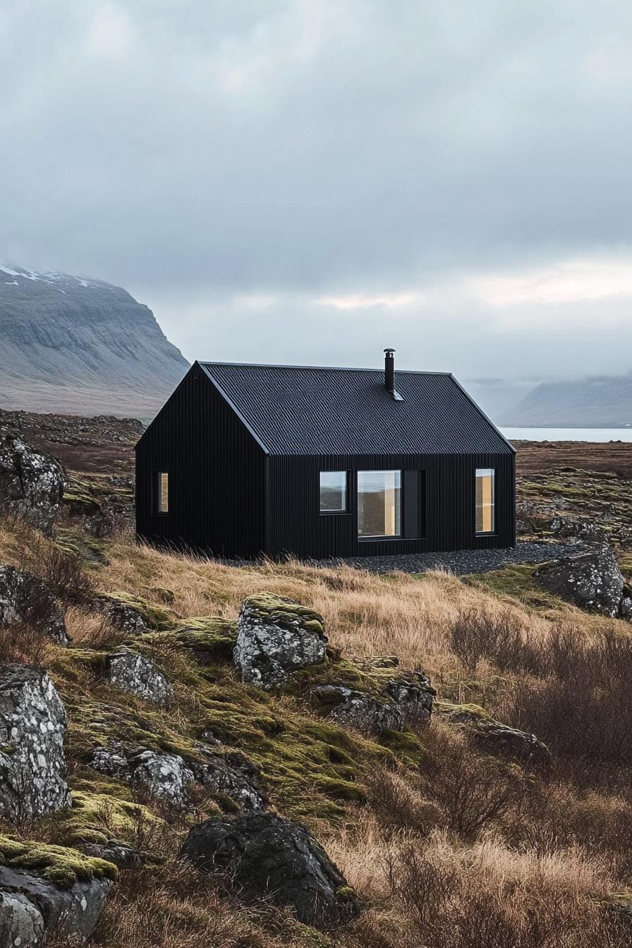 Compact black cabin amidst rocky landscape