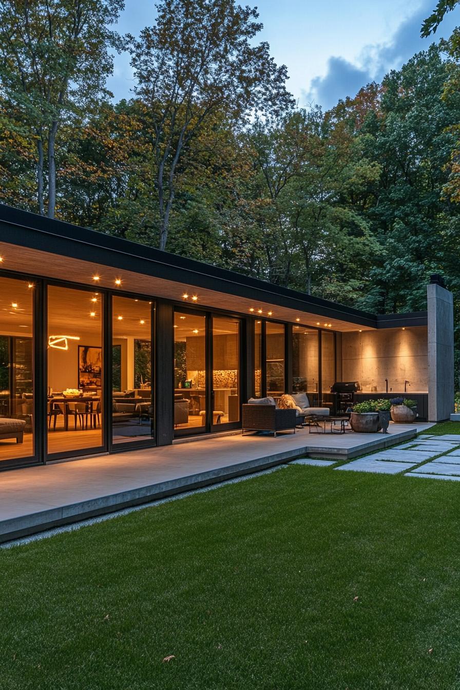 Modern long house with glass walls illuminated in the evening, surrounded by trees