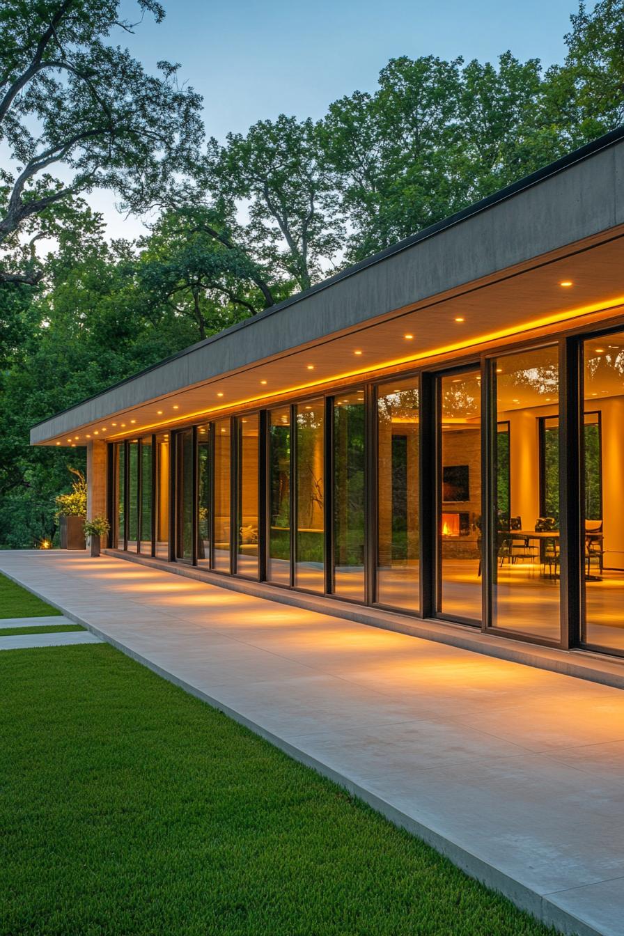 Modern long house with floor-to-ceiling windows glowing warmly at dusk