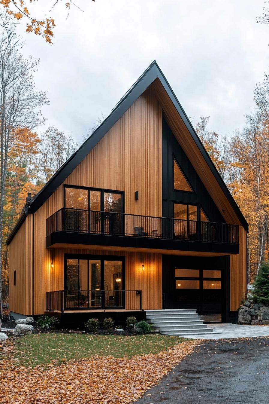 Contemporary split level house amidst autumn trees