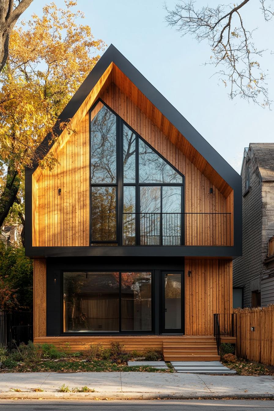 split level house with facade that highlights an eye catching sloped roofline that angles dramatically across the front creating a dynamic