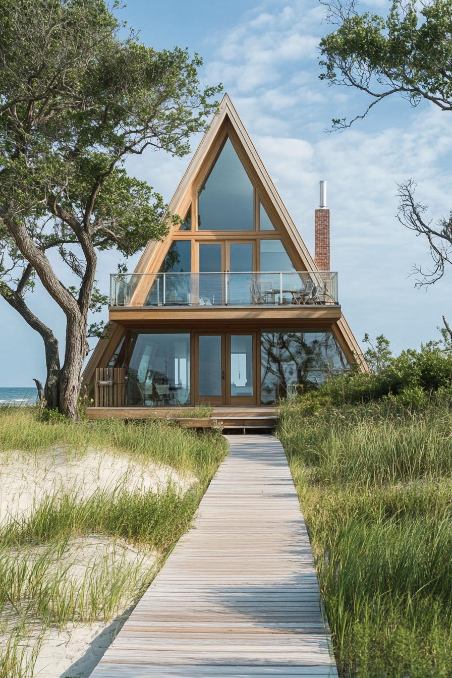 A stunning triangular wooden house near the ocean, surrounded by lush greenery