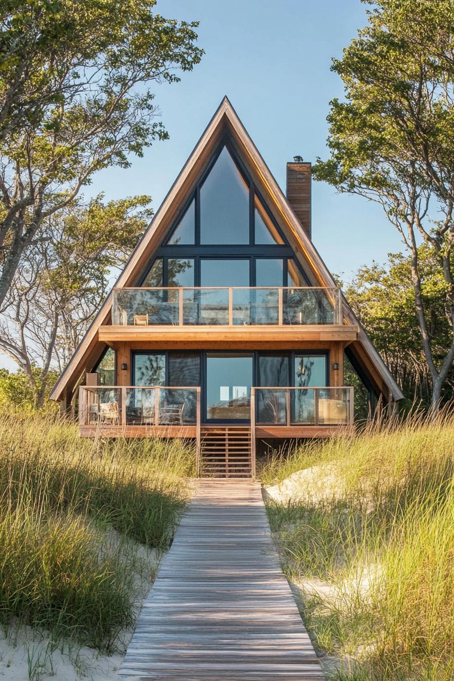 A beautiful A-frame house nestled among lush greenery