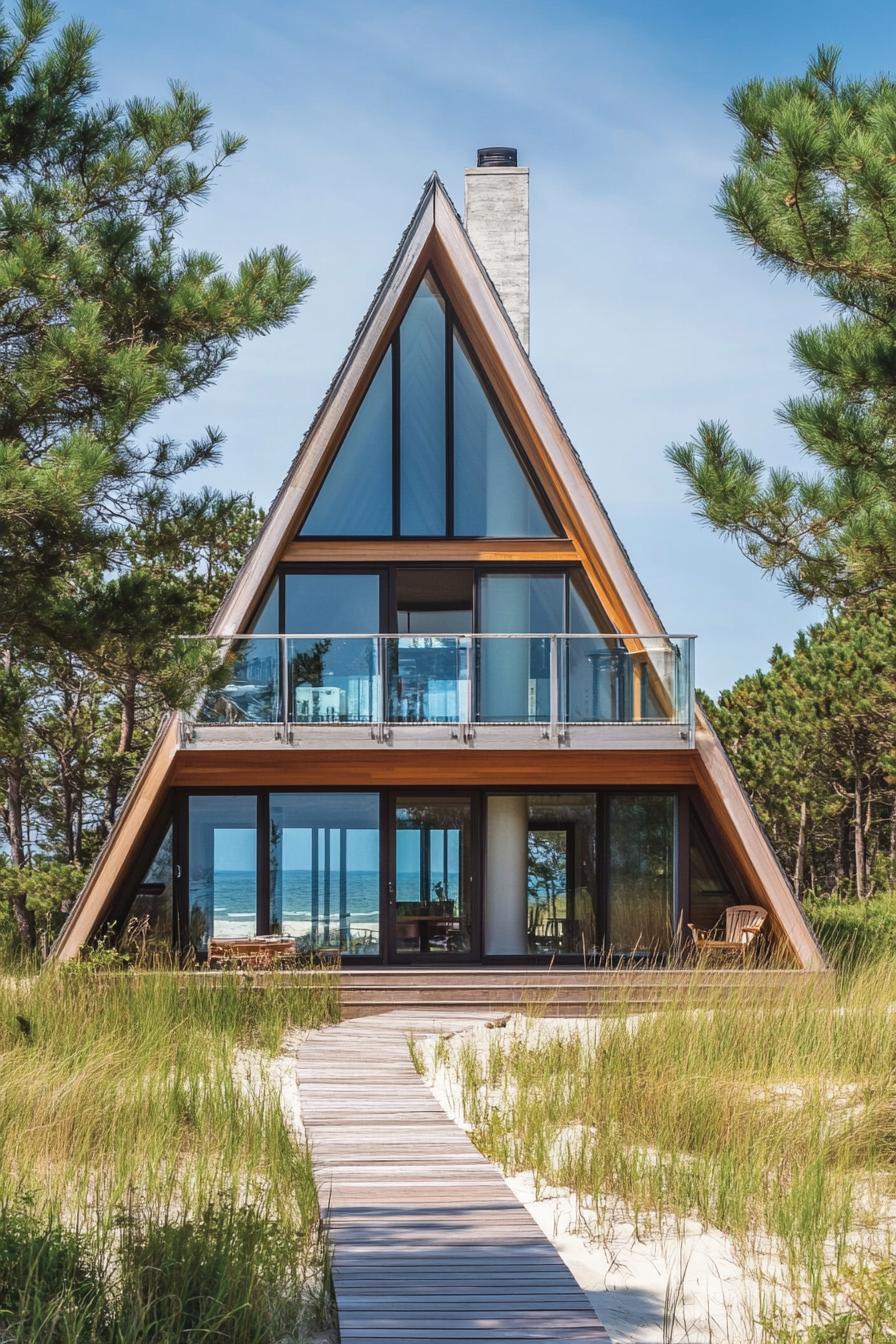 A-frame beach house with glass façade surrounded by trees