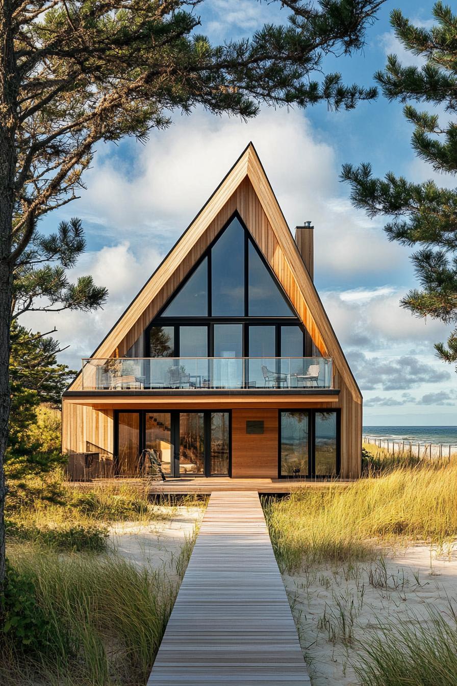 A wooden A-frame house with glass windows, nestled by the beach