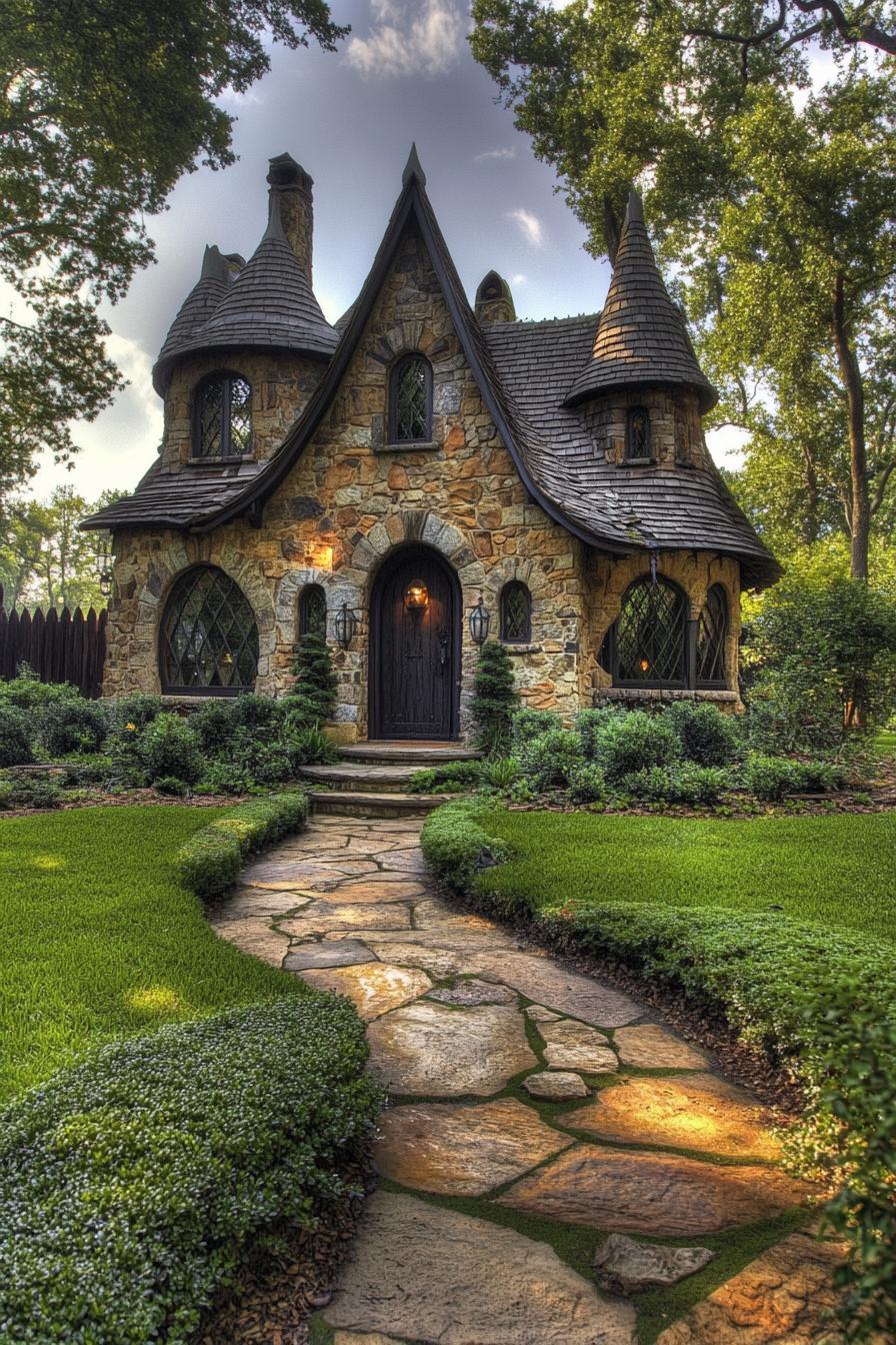 Stone cottage with enchanting turrets and lush greenery