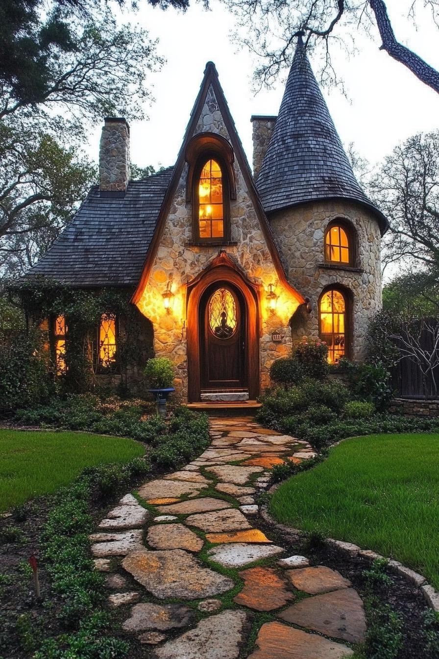 Charming stone house with arched windows and an inviting wooden door