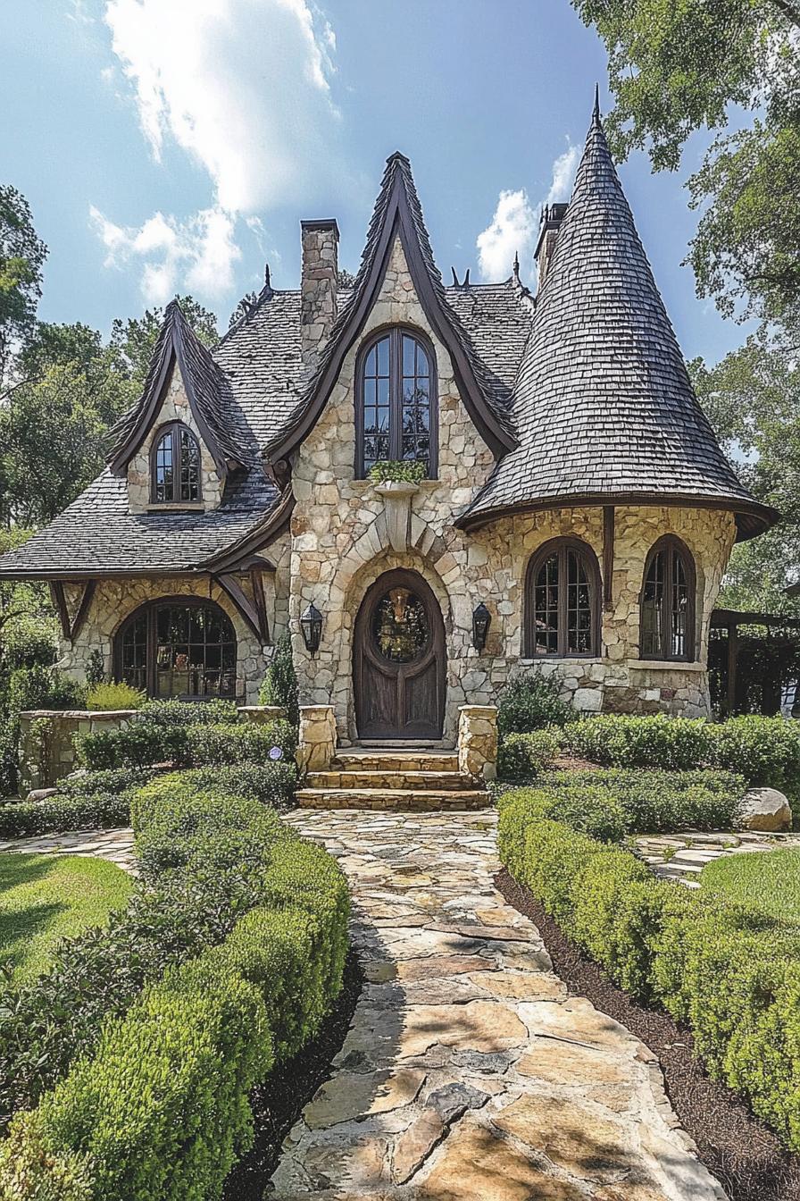 Charming stone cottage with steep roofs and lush gardens