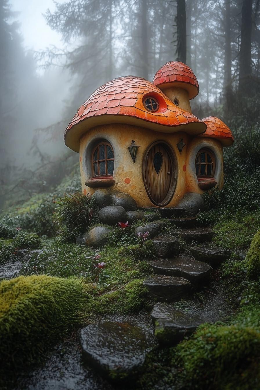 Fairytale mushroom-shaped house in a misty forest