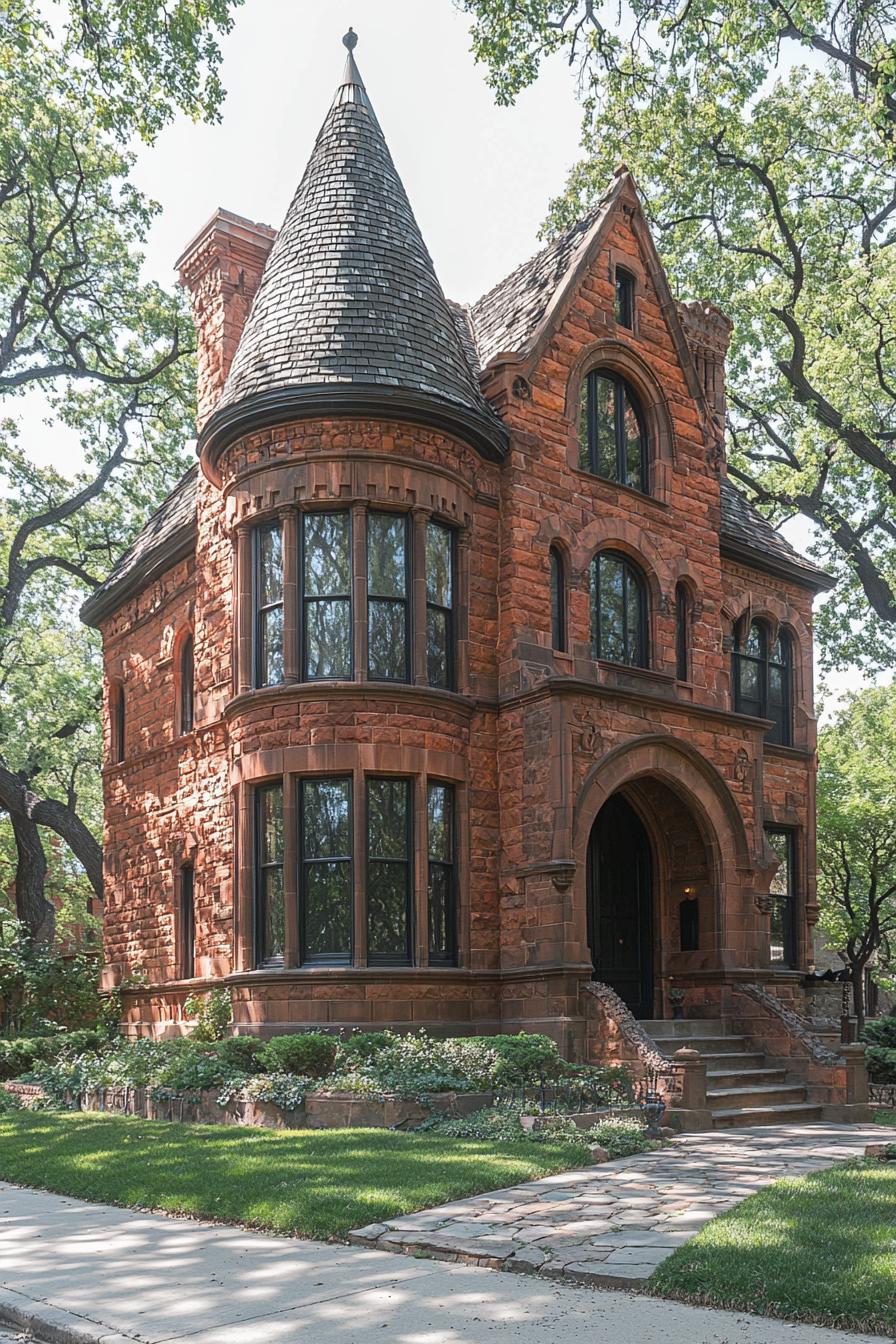 Rustic brick house with tower and arched windows