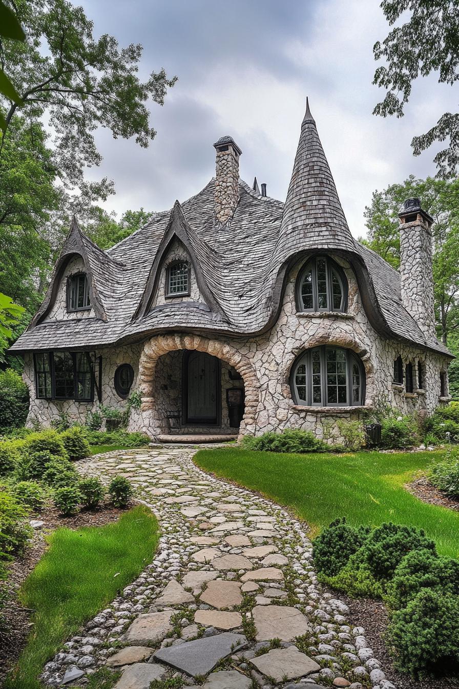 Stone house with pointed roofs and lush garden