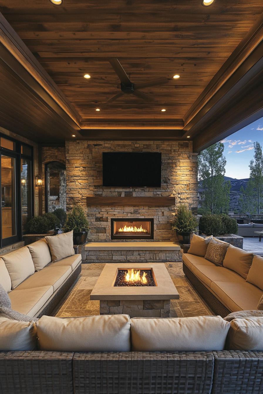 Outdoor living room with stone fireplace and fire pit