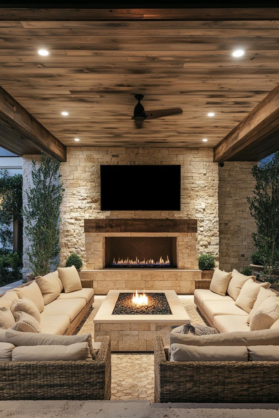 Cozy outdoor space with sofas and a fireplace