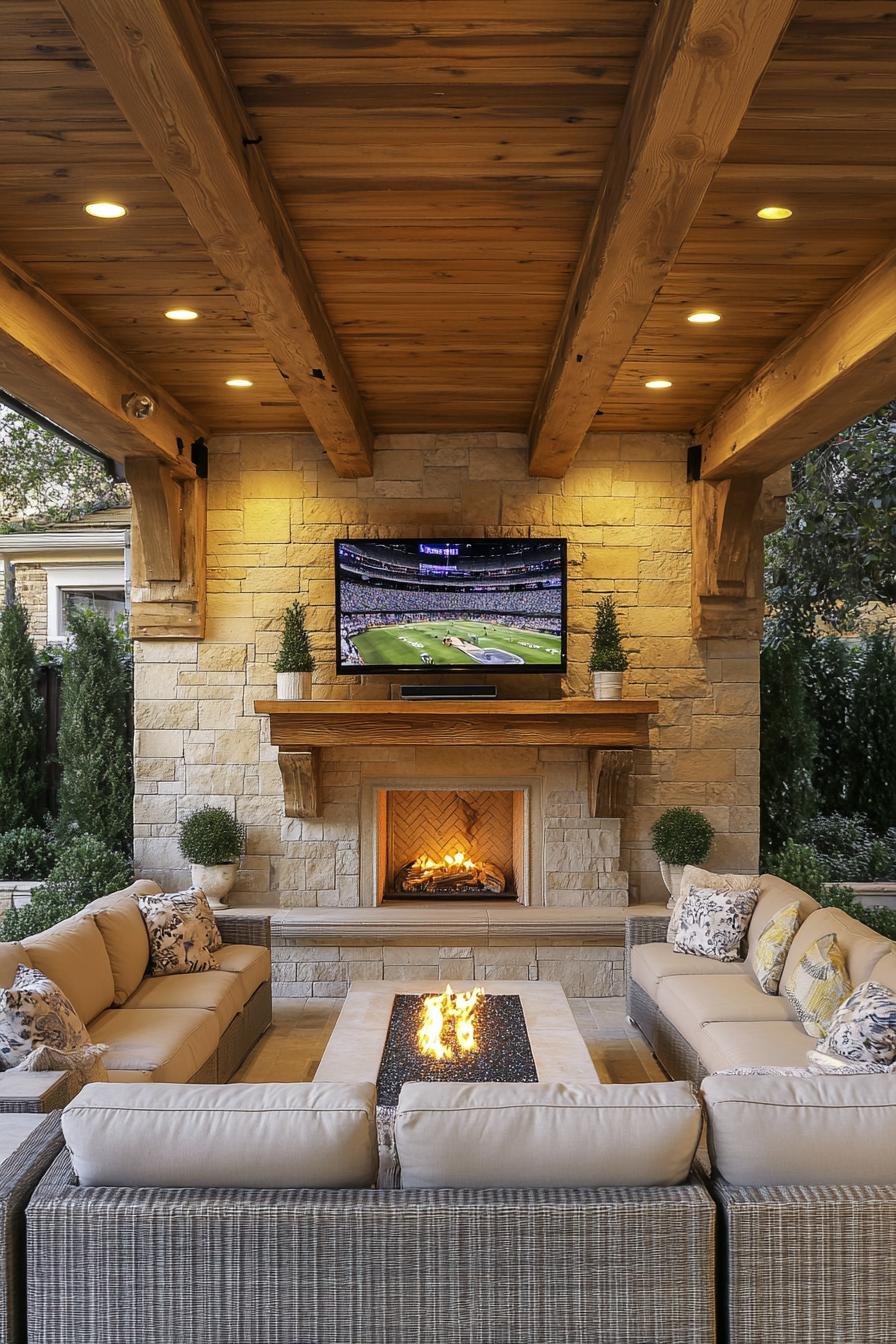 Cozy outdoor space with stone fireplace and wicker seating