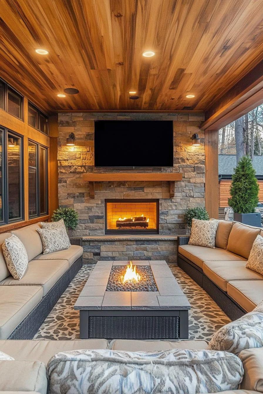 Cozy outdoor space with a central fire pit and warm lighting