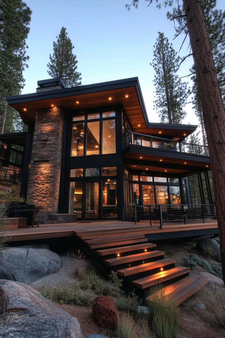 Modern flat roof house with large windows, nestled among tall trees