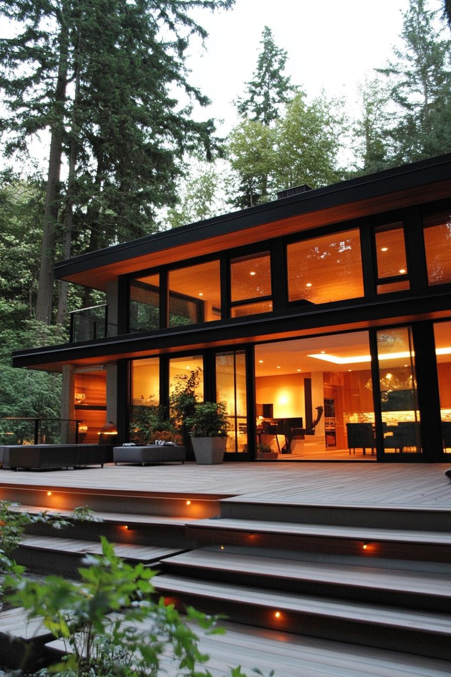 Modern flat roof house surrounded by trees at dusk