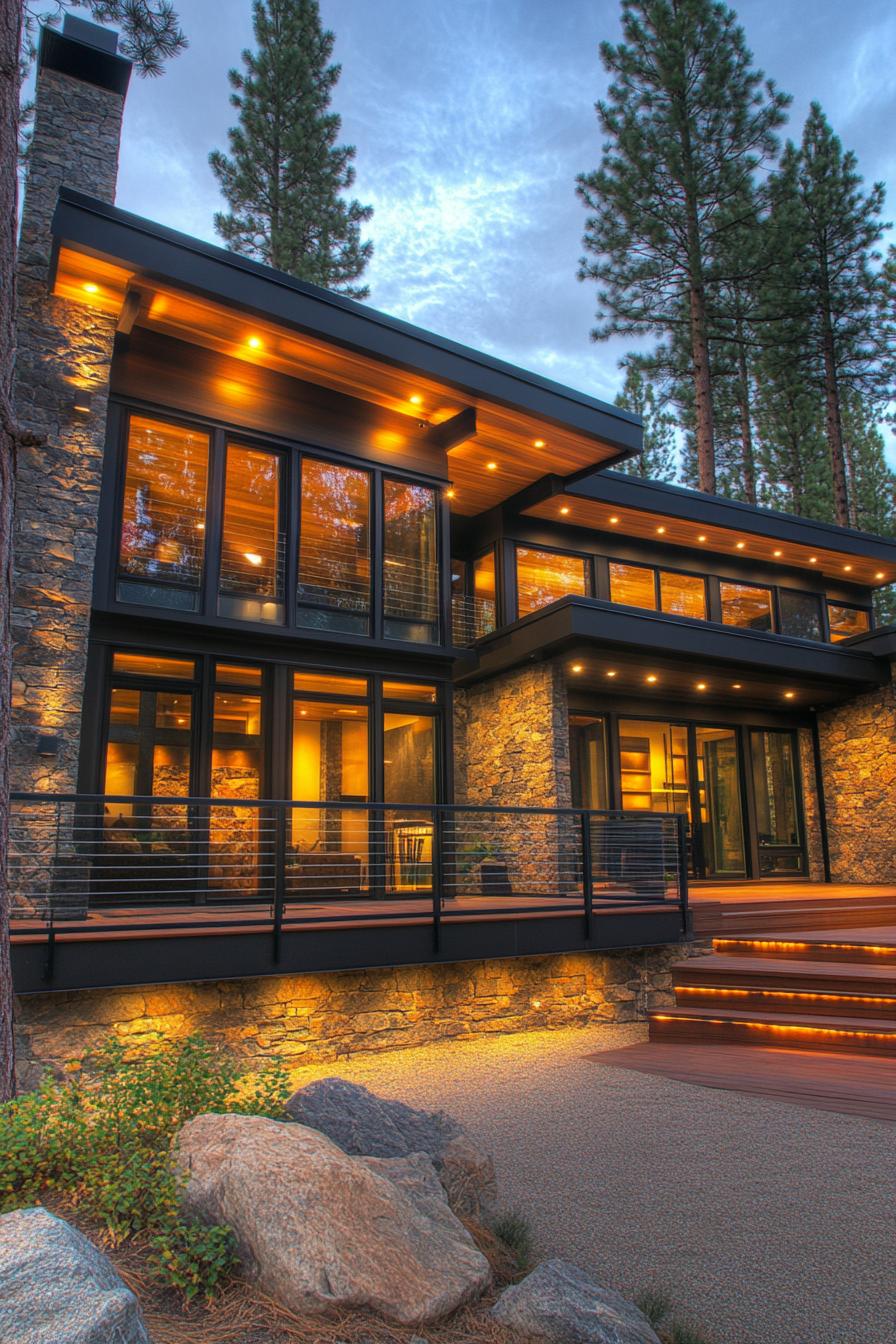 Modern house with a flat roof, warm lights, and stone facade surrounded by tall trees