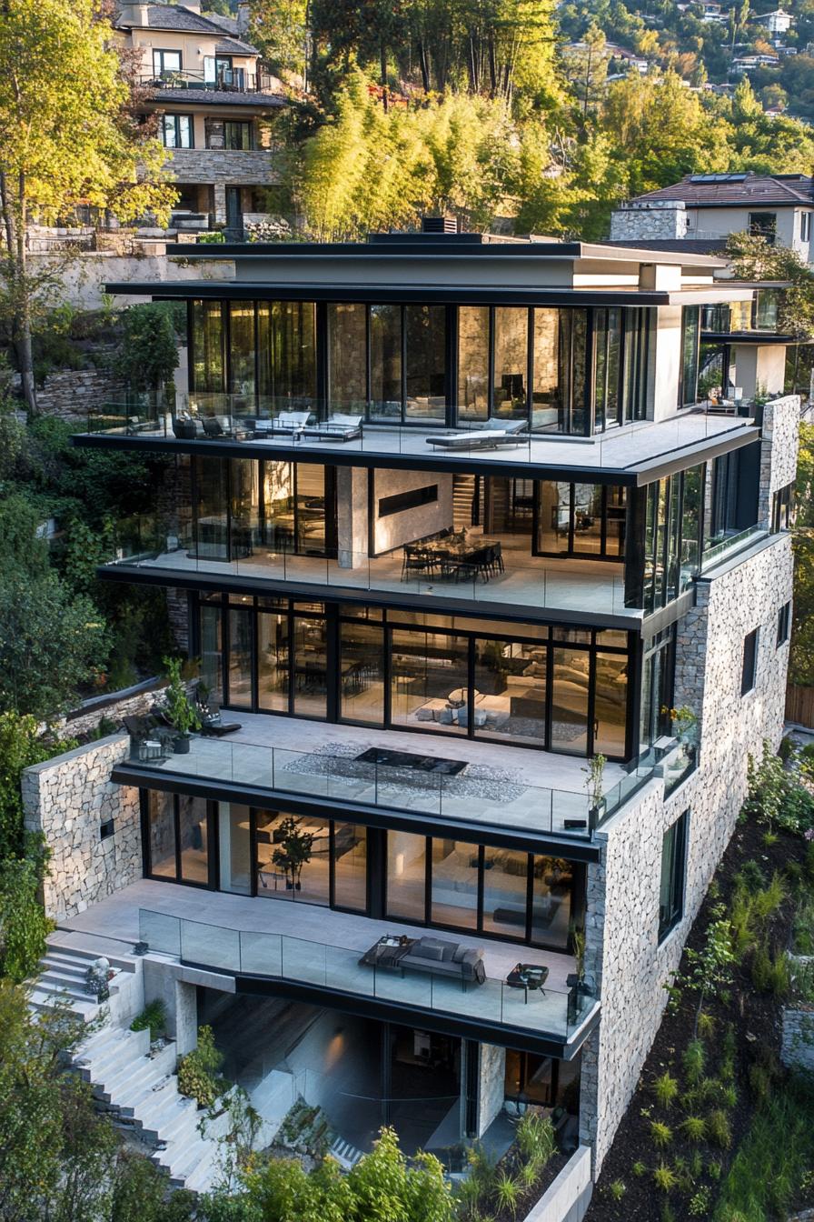 Multi-story glass house on a steep hillside