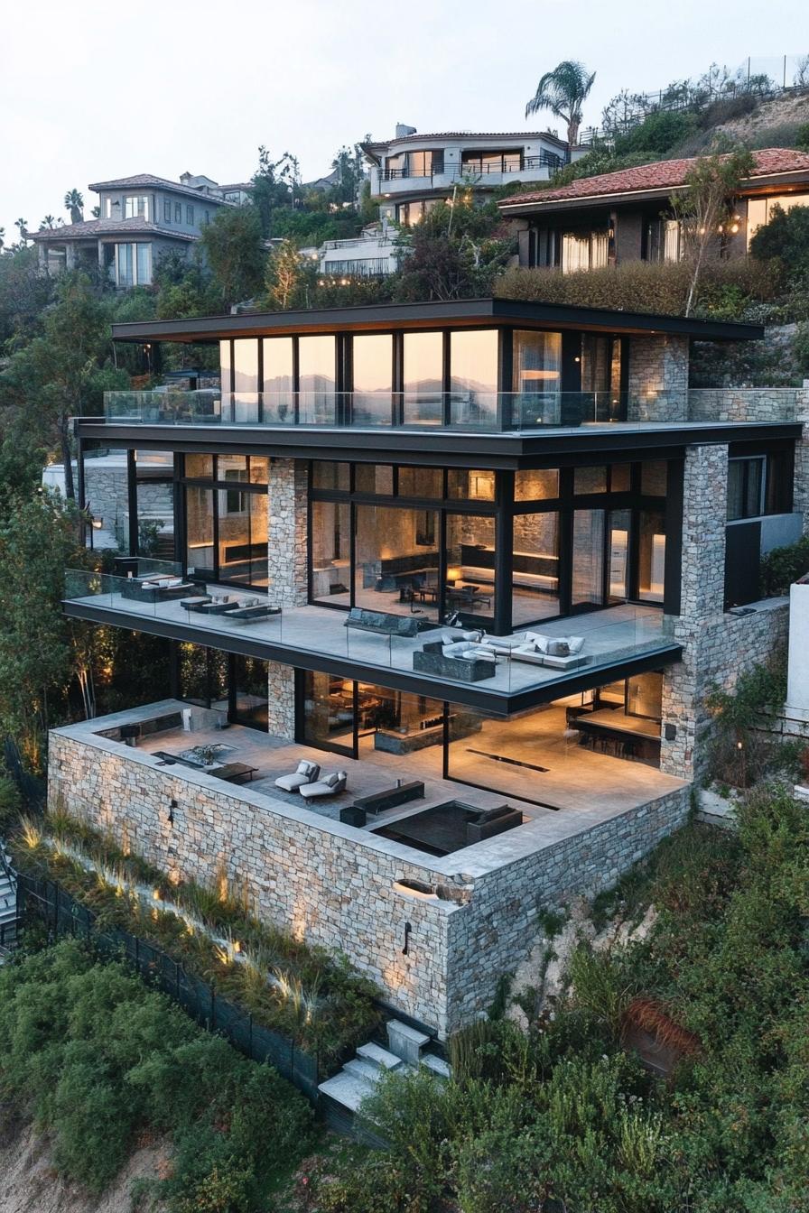 Modern, multi-level house on a hillside with large glass windows