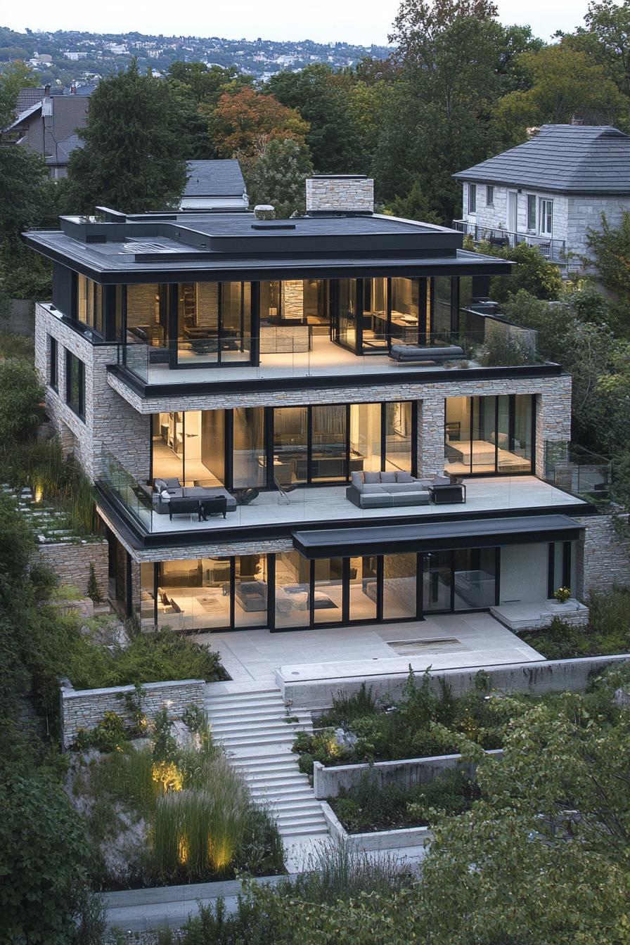 Modern house built on a steep hillside with large glass windows