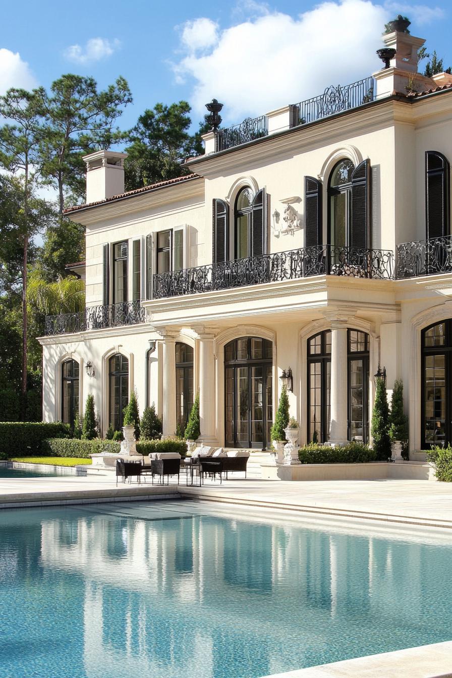 Elegant mansion with large arched windows and inviting pool