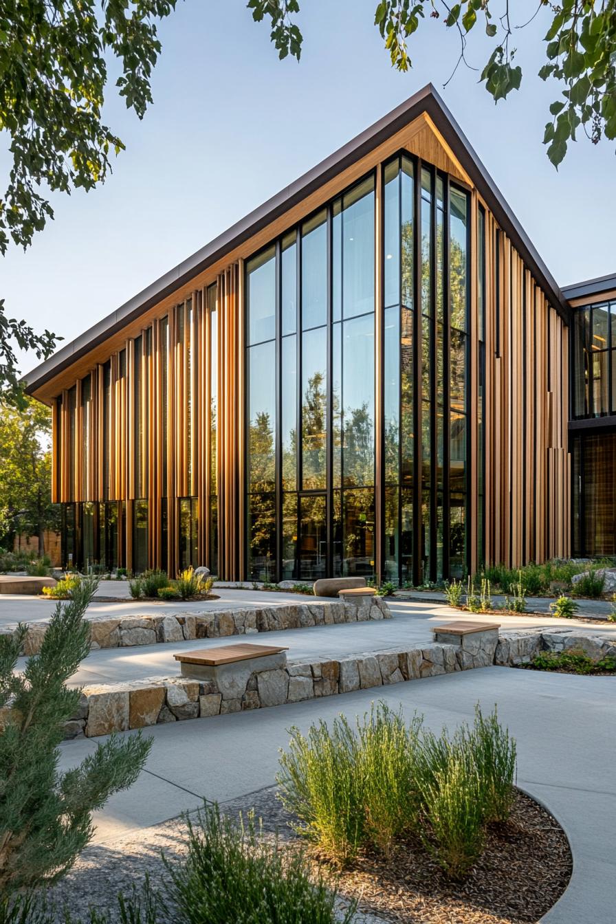 Contemporary building with a slanted roof and vertical wooden elements