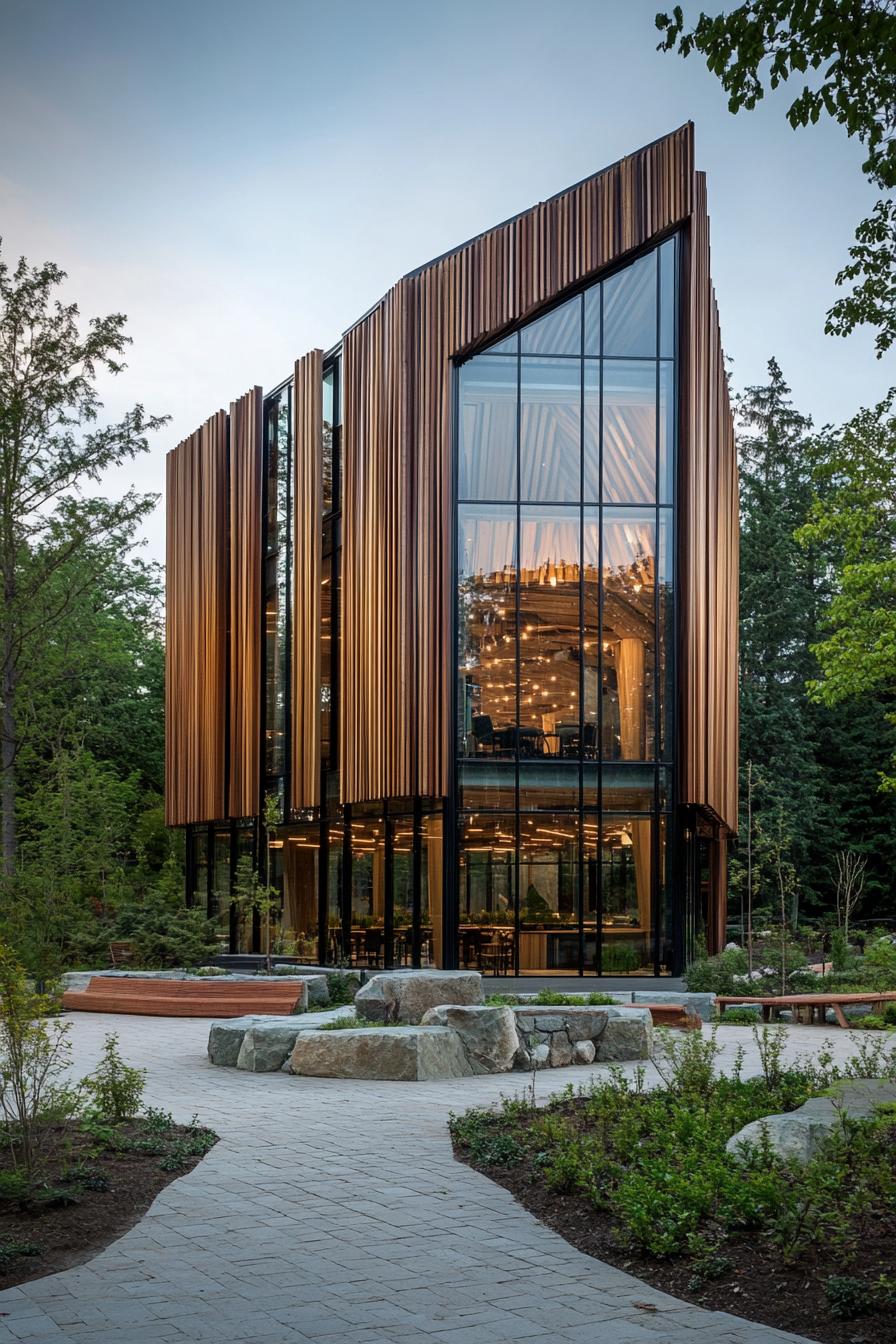 Modern glass building with vertical wooden panels surrounded by greenery