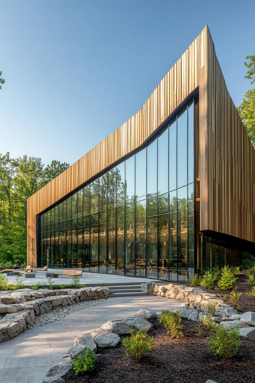 Modern building with glass facade surrounded by nature