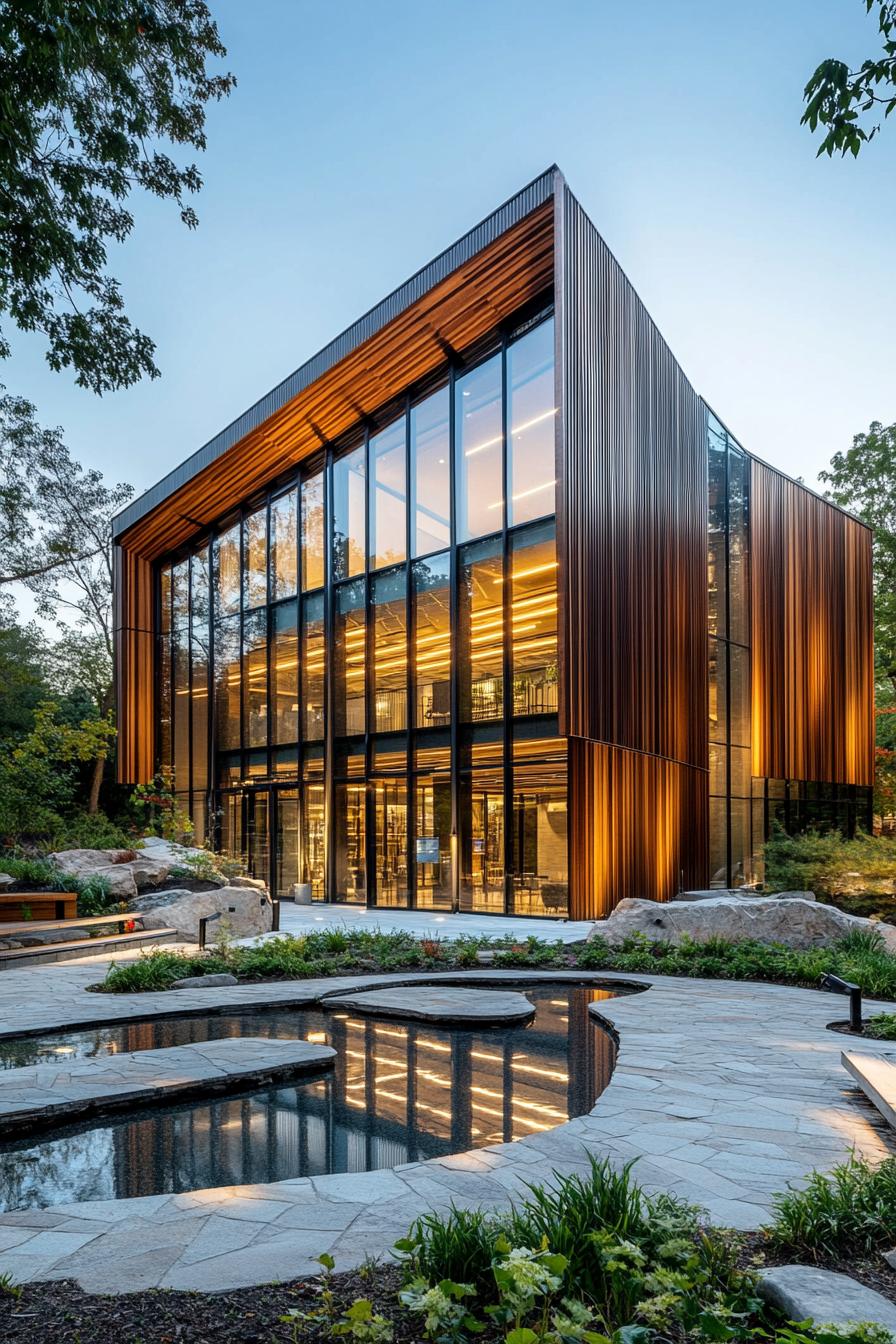 Elegant building with glowing walls and large glass façade