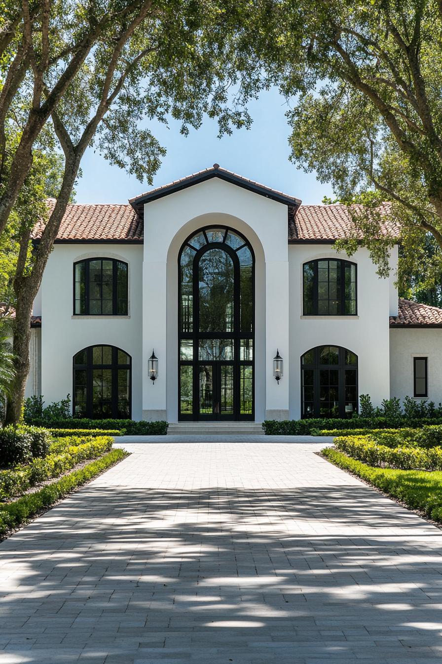 A large white mansion with arched windows and a long driveway