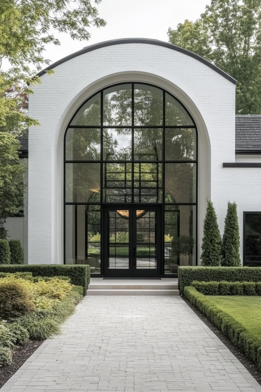 Modern house entrance with large arched windows