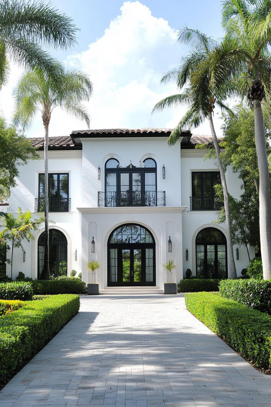 Modern two-story white house with palm trees