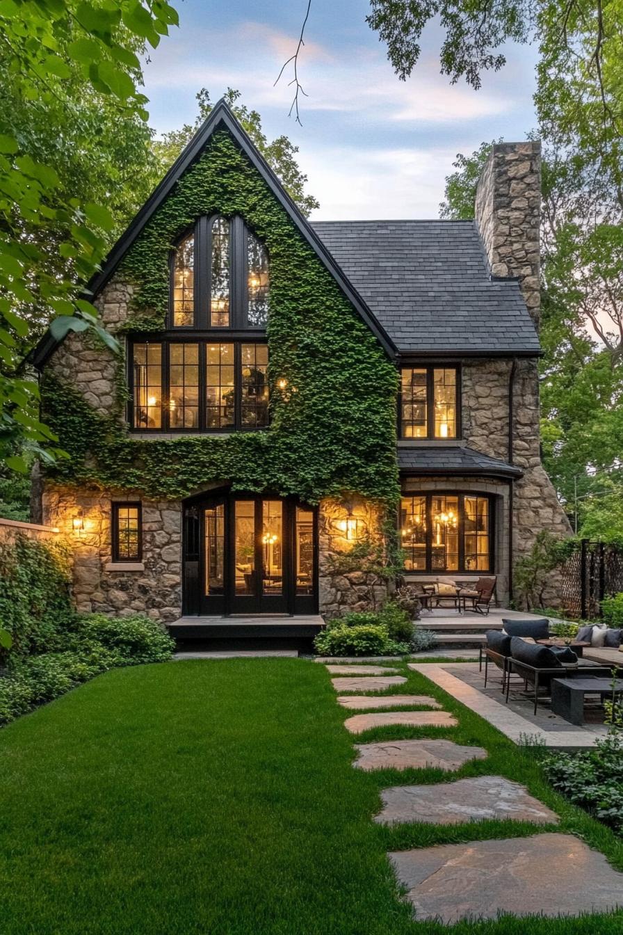 A stone Tudor house wrapped in ivy with glowing windows