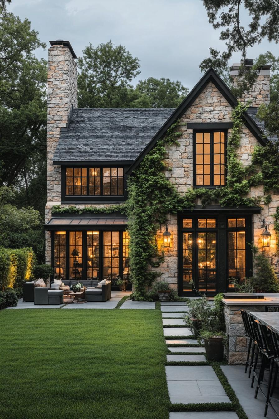 Charming stone Tudor house with ivy and bright windows