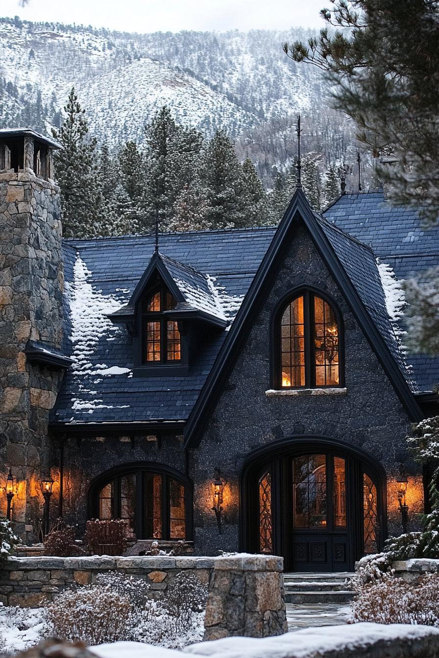 Snow-Dusted Gothic Cottage Surrounded by Trees