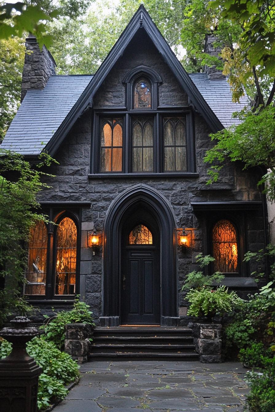 Quaint, ivy-covered stone house with gothic arches and warm glow