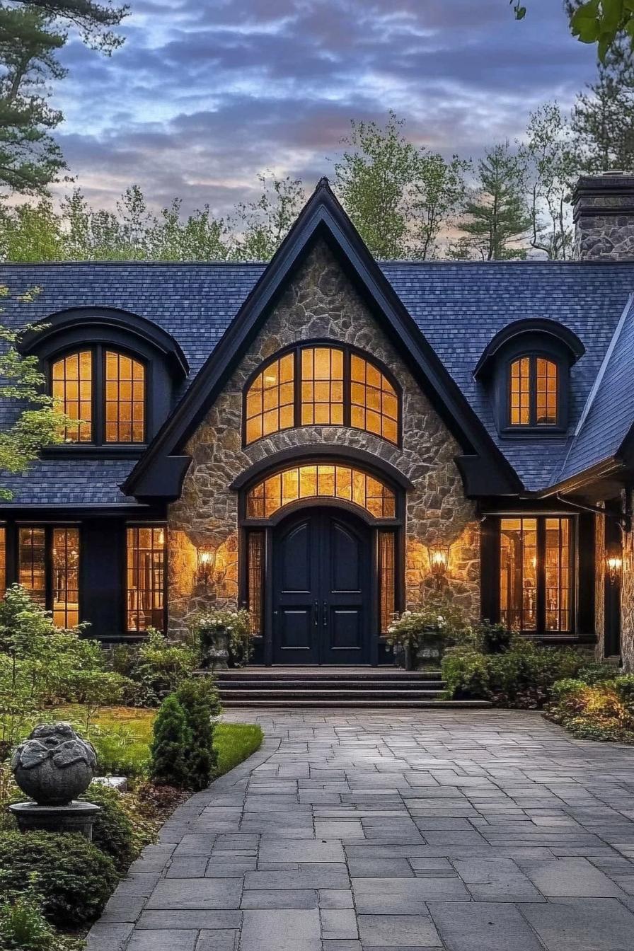 Charming stone house with arch windows in a twilight setting